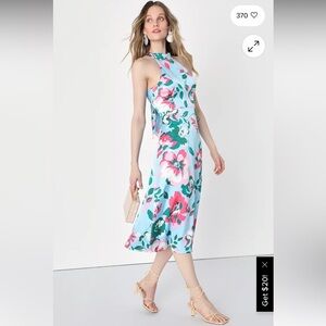 NWT Lulu's Charming Celebrations Light Blue Floral Halter Midi Dress